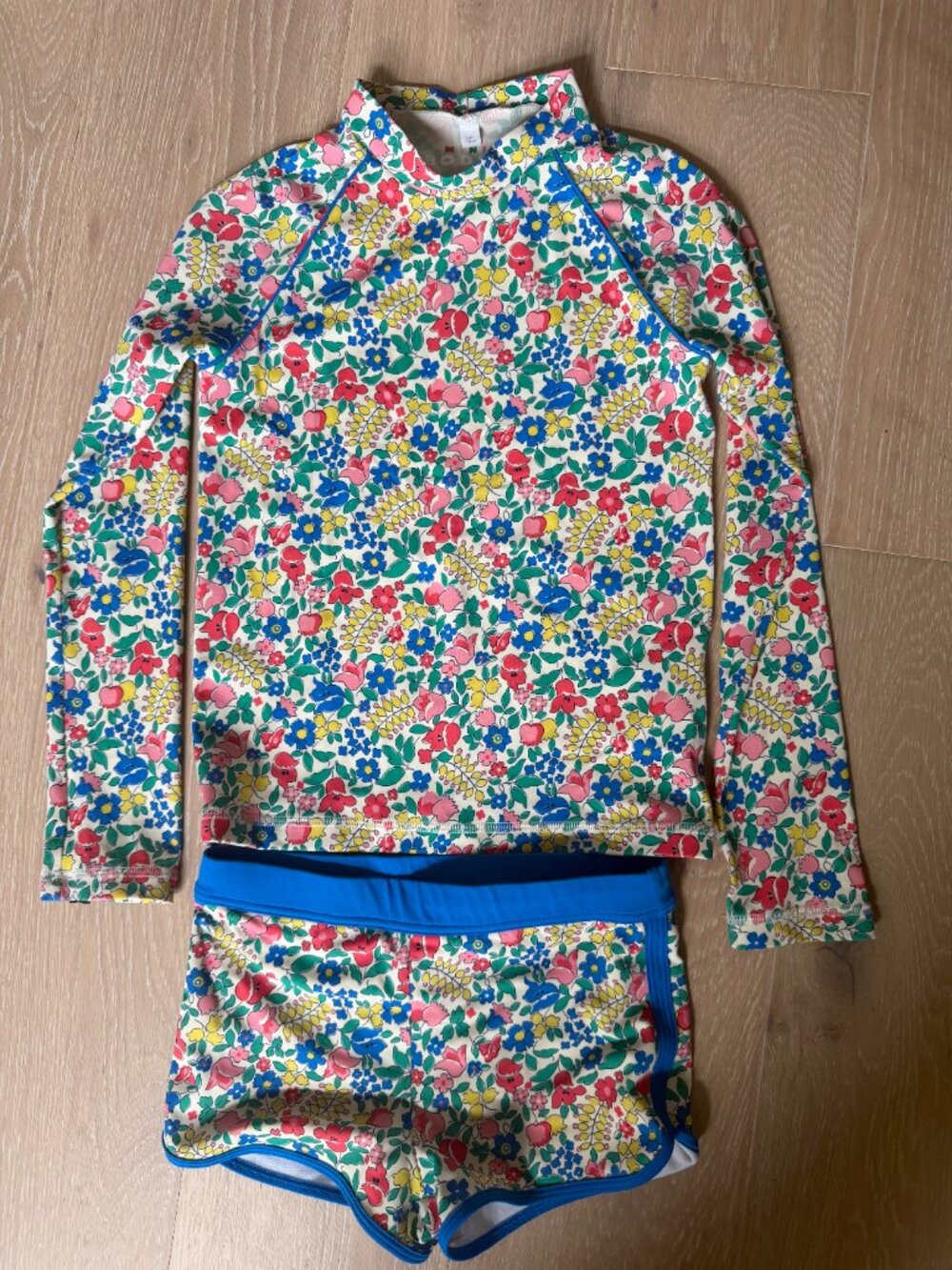 Mini Boden Floral Long Sleeve Rash Guard Set Swimwear Beach Blue Yellow - 7-8Y